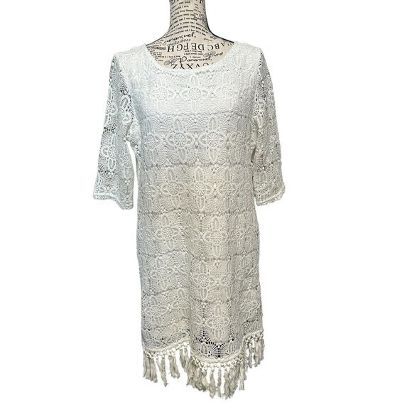 Beautiful Cache White Lace With‎ Tassels Over White Slip. Coastal Chic Wedding M - Picture 1 of 6